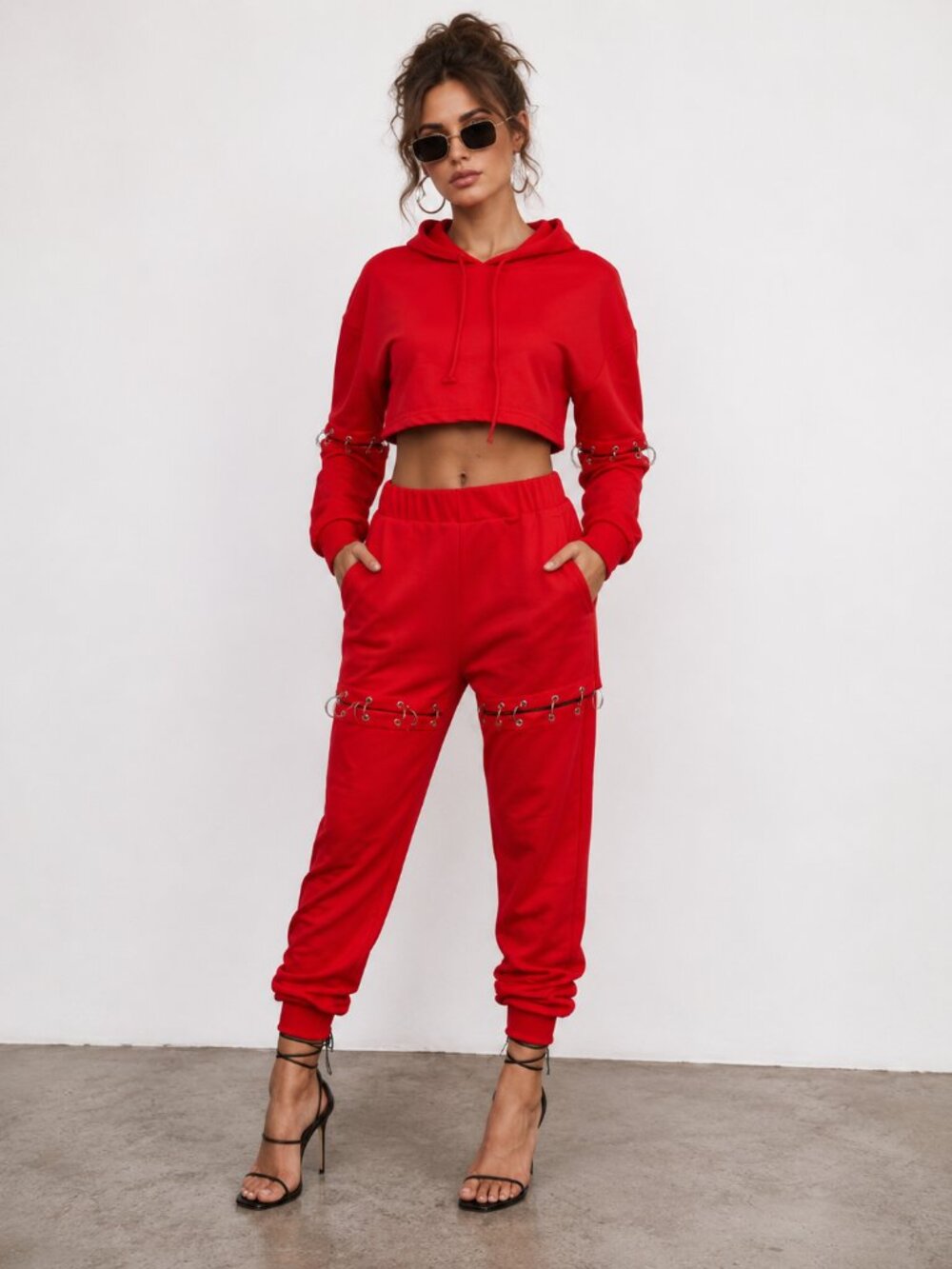 Red Jogger Sweatsuit Set Cropped Hoodie Grommet Detail NWT